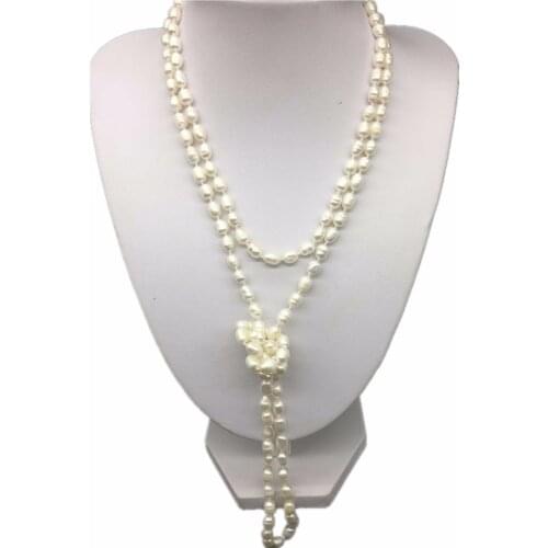 Handmade Strand White Rice Real Natural Luster Freshwater pearls Long Wrap Necklace Knotted 120cm Womens