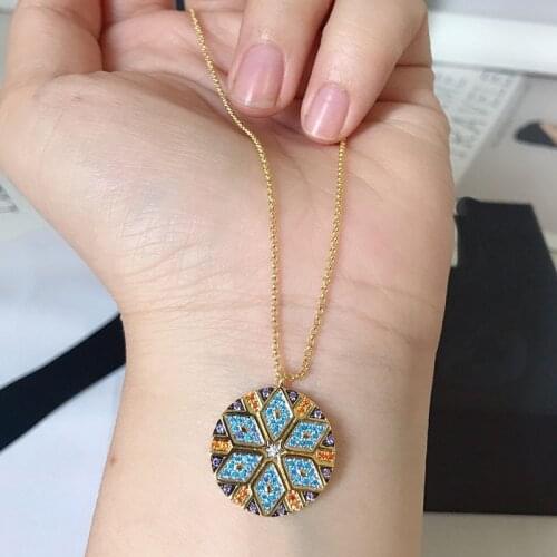 UMGODLY Luxury Brand Necklace Yellow Gold Color Colorful Zircon Tribal Shape Round Pendant with Mana Geometric Jewelry
