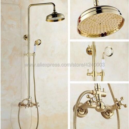 Luxury Gold Color Brass Wall Mounted 8" Shower Head Shower Rainfall Faucet Set with Handheld Shower Mixer Taps Kgf331