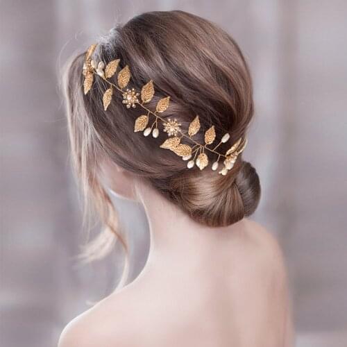 ZMHP110 Bridal Headband Handmade Wedding Headpieces Flower Hair Jewelry Golden Leaf and Diamond Beaded Hair Accessories Bride