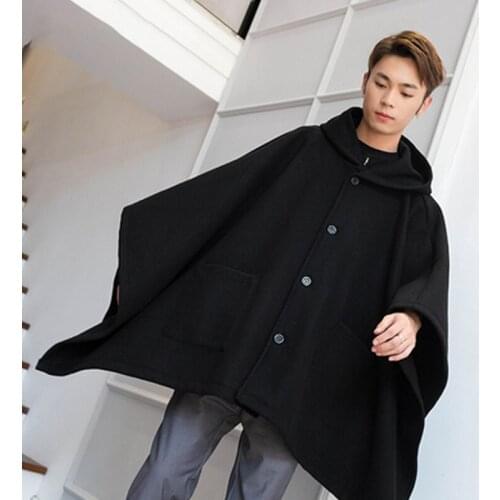 Loose mid-length single-breasted autumn and winter woolen coat hooded cloak coat male dark shawl cloak hip hop