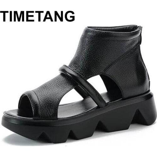 TIMETANGNew Roman Style Summer Fish Mouth Genuine Leather Sandals Summer Boots Women Sandals Platform Non-slip Increased Sandals
