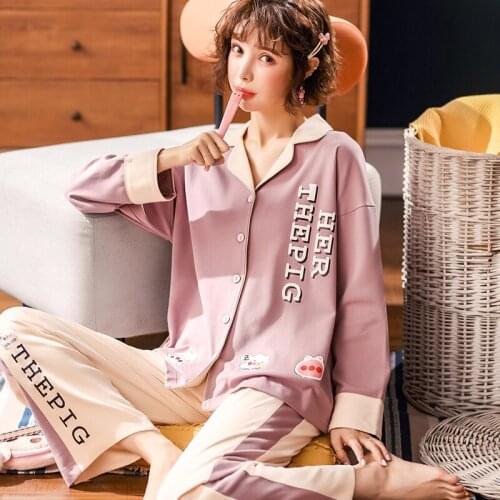 Spring Pajama Set Sweet Tide Women Sleepwear Loose Version Cotton Plus Size Lapel Winter Pajamas XXXL Cartoon Fall Pyjamas