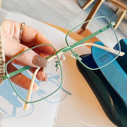 Vintage Oversized Square Anti-blue Light Eyeglasses For Women Alloy Big Green Blue Computer Glasses Frame Female Clear Shades