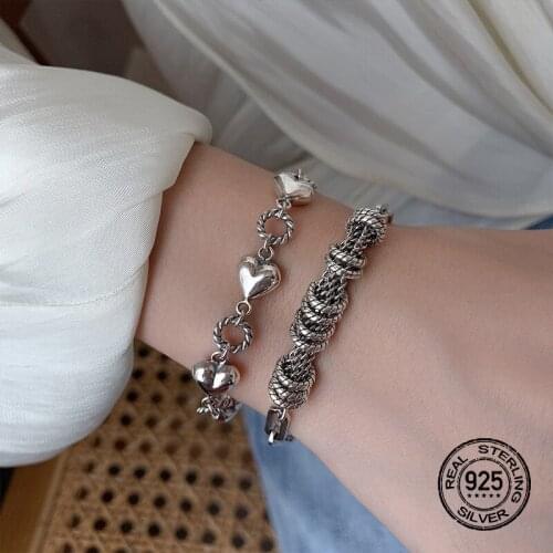 Vintage Heart Women Bracelet Silver S925 Hiphop Rock Personality Trendy Sweet Couples Anniversary Male Female Party Jewelry 2021