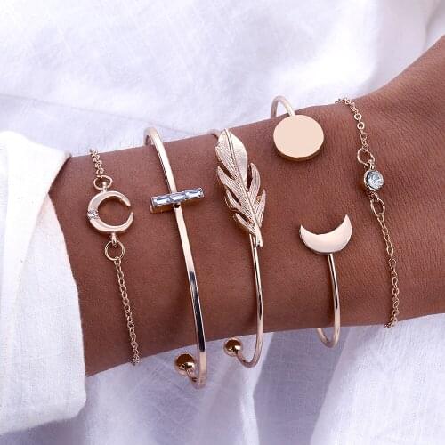 UMKA 4 Piece Set / Fashion Round Crystal Bracelet Leaves Moon Bracelet Set WomenS Personality Party Bohemian Jewelry Gift New