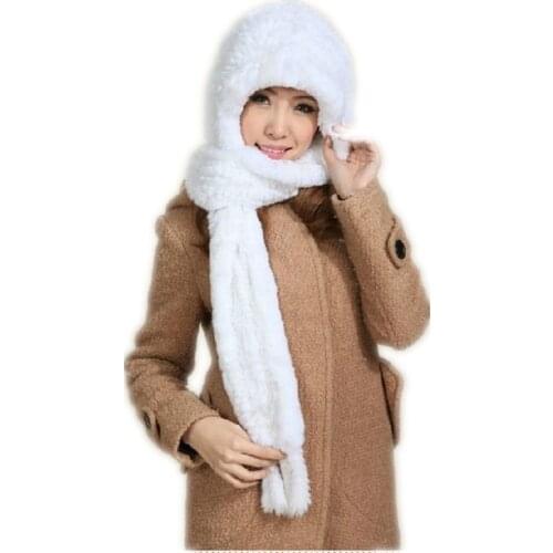 Women Knitted Real Rex Rabbit Fur Hat with Neck Scarves Lady Winter Warm Soft Thick Hood Cap Muffler S1