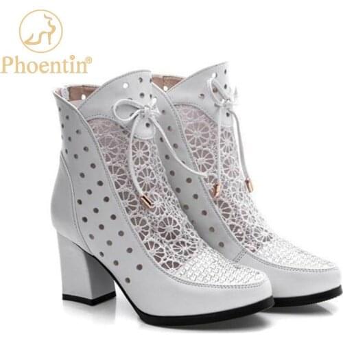 Phoentin hollow out boots summer bow knot mesh ankle boots back zip closure genuine leather high heels female shoes white FT1162