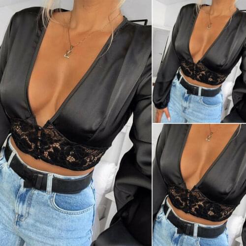 New Women Ladies Hollow Deep V Neck Lace Patchwork Crop Top Long Sleeve Evening Party Sexy T Shirts