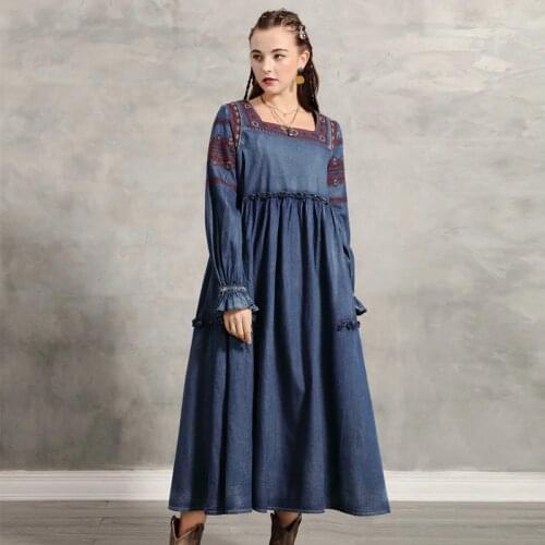 Dress Women 2019 Yuzi.may Boho New Denim Women Dresses Square Collar Flare Sleeve Vintage Embroidery Loose Vestidos A82187