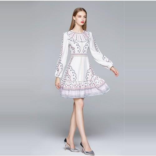 Fashion Runway Elegant Colorful Dot Print Dress Women O-Neck Long Sleeve Slim Waist Mini Dress Female Holiday Beach Dress k5009