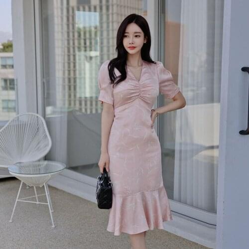 Sheer Casual Elegant Dress Women Summer 2021 Short Sleeve Corset Streetwear Korean Dress Ladies Midi Ruffle Pink Dresses Woman