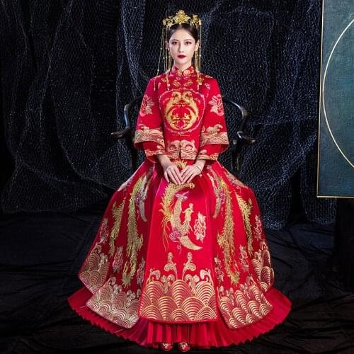 Bride Cheongsam Vintage Chinese Style Wedding Dress Retro Red Toast Clothing Lady Phoenix Embroidery Gown Marriage Qipao