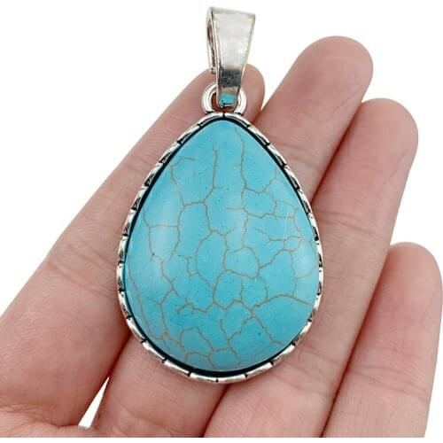 2 x Antique Silver Color Drop Shape Artificial Turquoise Charms Pendants for Necklace Jewellery Making 60x32mm