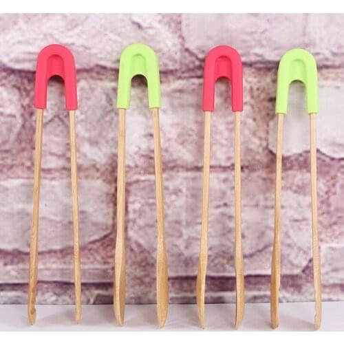 Bamboo Food Toaster Tongs Wooden Salad Cake Snack Clip Grip Silicone Handle Bread BBQ Tongs Kitchen Tools Clamp F20173513