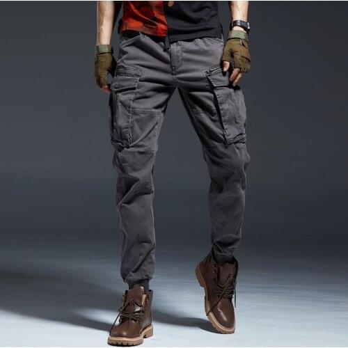 Army Military Pants Streetwear Fashion Ankle Length Cargo Pants Men Joggers Elastic Waist Zipper Many Pockets Black