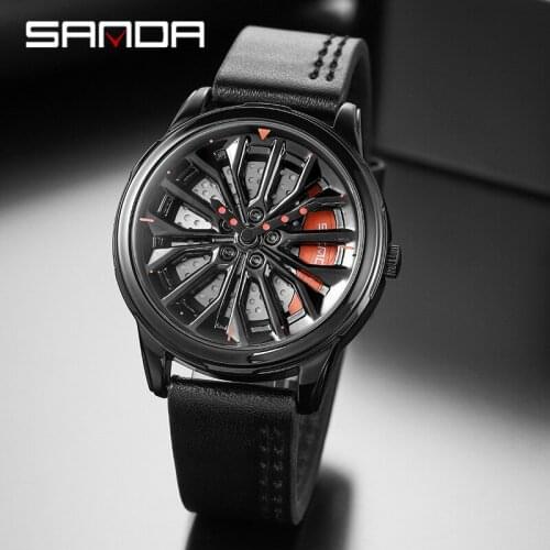 SANDA Hot Selling Mens Watch Creative 360 Degree Rotating Wheel Quartz Quartz Watch Leather Waterproof Hub Clock Mens Relogio