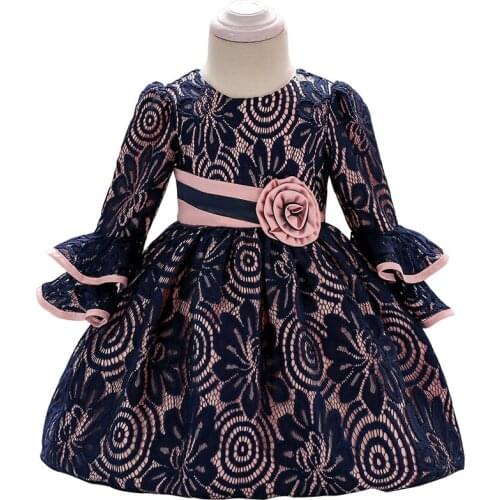 Baby Girls Dress for Party Full Month First Birthday Ball Dresses for Infants Toddlers Floral with Lace Princess Full Length New