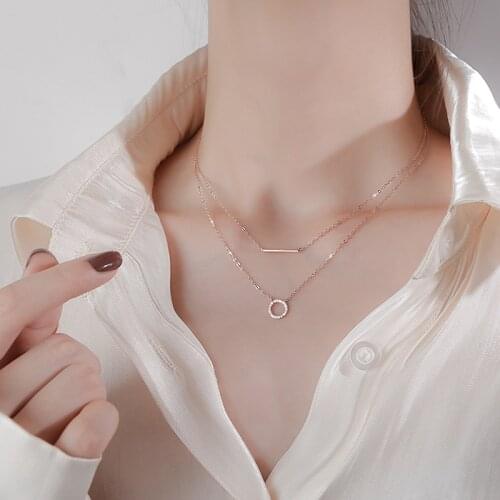 Viwisfy Double Layer Round Pendant With Crystal Real Silver Jewelry Rose Gold 925 Sterling Silver Necklace For Women VW21181