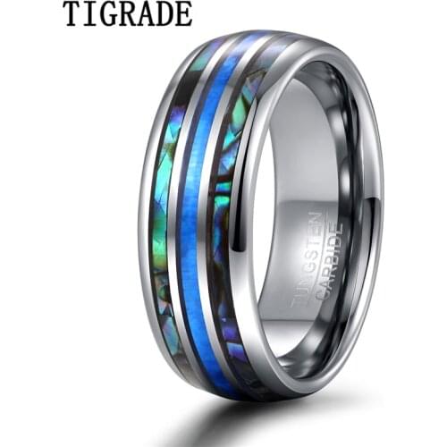 TIGRADE 8mm Tungsten Carbide Rings Abalone Shell Wedding Bands Dome Triple Grooved opal for Men Comfort Fit Size 5 to Size 15