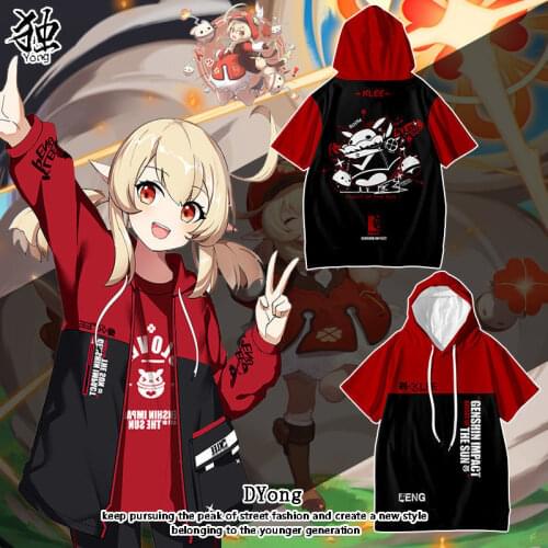 Cosplay Costumes Genshin Impact Short Sleeve Hooded T-shirt Cos Keqing Diluc Klee Summer Casual Loose Clothes For Men Women Gift