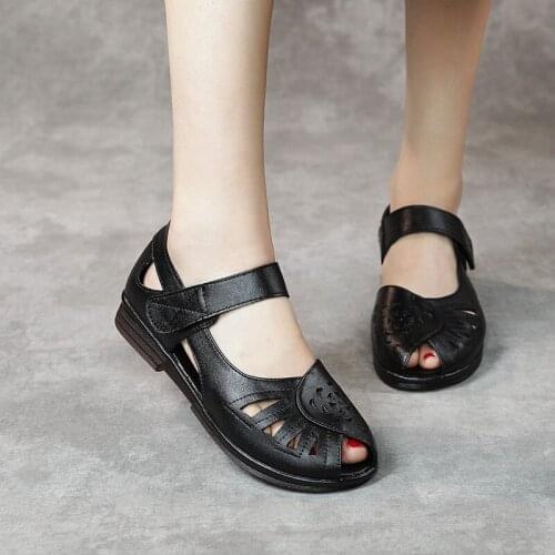 Summer Genuine Leather Woman Shoes 2021 Low Heel Hollow Out Breathable Soft Bottom Woman Shoes Cowhide Flat Sandals