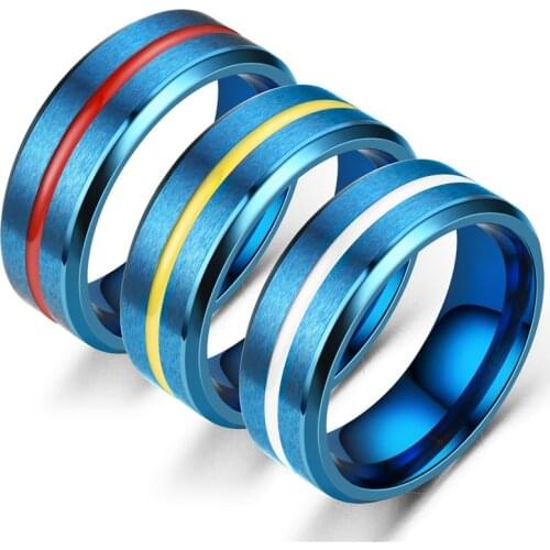 Mens Fashion Blue Stainless Steel Ring with Red Yellow White Thin Line Groove Brushed Rings For Men Wedding Band Party Jewelry