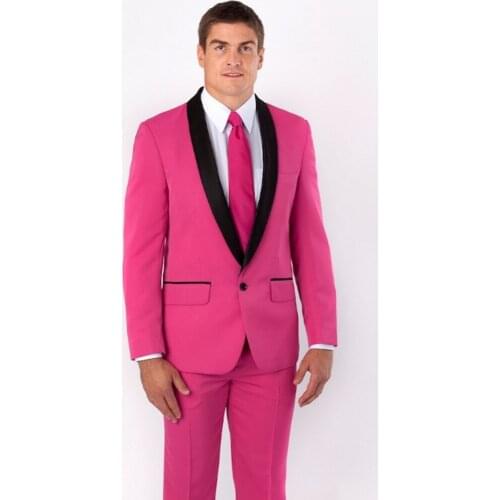 New Arrival Groomsmen Shawl Black Lapel Groom Tuxedos Hot Pink Men Suits Wedding Best Man (Jacket+Pants+Tie+Hankerchief) C30