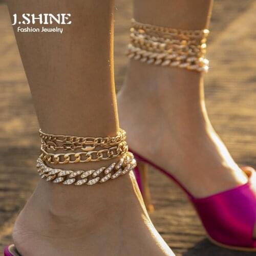 J.Shine 4PCS Punk Iced Out Rhinestone Curb Cuban Chain Anklets Bracelets Adjustable Pig Nose Link Chain Anklet Foot Boho Jewelry