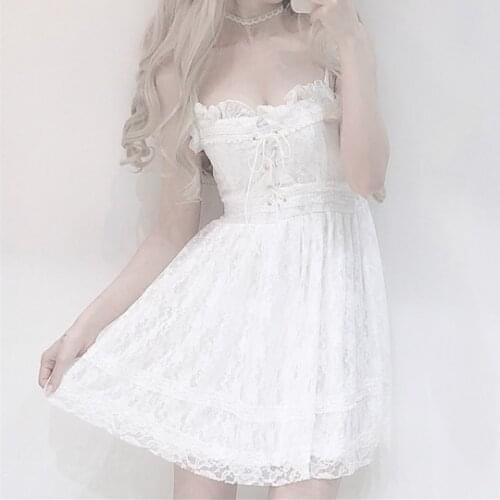 Lolita Dress Girl Casual Chest Cross Bow Bandage Slim White Lace Dress Women Party Sling Mini DressesJapanese Soft Sister Sexy