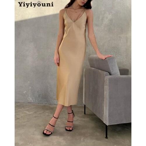 Yiyiyouni Sexy V-Neck Spaghetti Strap Silk Satin Dress Women High Waist Bodycon Dress Female Summer Slim Backless Party Vestidos