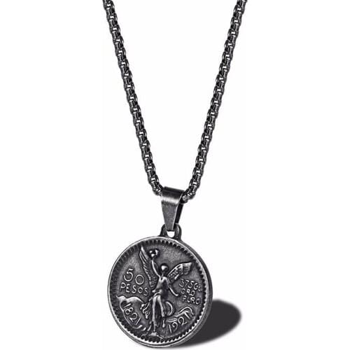 RIR Stainless Steel Retro Color Round Contour 50 Pesos Pendant Necklace Unique Creative Mexican 50 Pesos Of Pure Gold Coin
