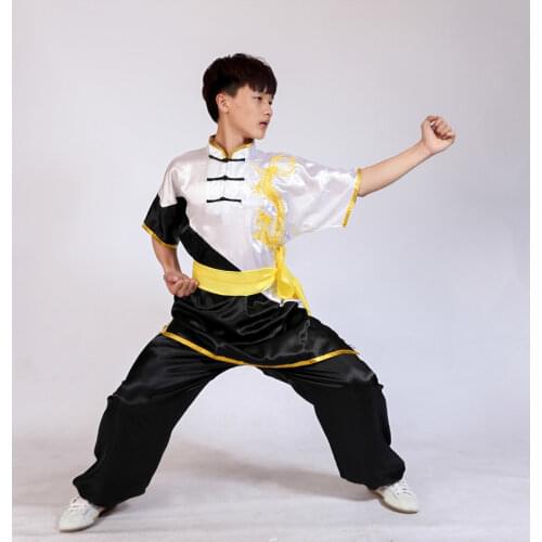 USHINE Black Red Blue White Chinese Multi Color Embroidery Shoulder Dragon Short Sleeve KungFu Martial Arts Costume TaiChi Suit