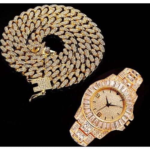 Hip Hop Rapper Iced Out Watch for Men Iced Out Paved Rhinestones 12MM Miami Curb Cuban Chain CZ Bling Necklaces for Mens Jewelry