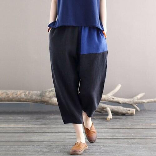 Johnature Women Black Cross Pants Patchwork Vintage Elastic Waist Trouser 2021 Summer New Pockets Cotton Linen Original Pants