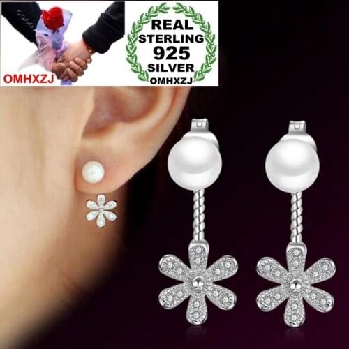 OMHXZJ Wholesale Sweet Fashion joker Woman Wedding Gift Fresh Daisy Pearl After Hanging 925 Sterling Silver Stud Earrings YS318
