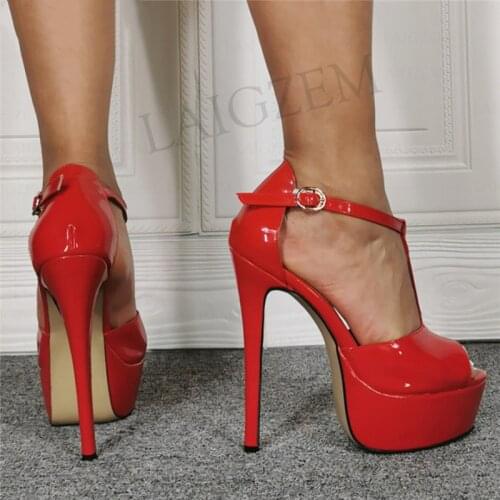 BERZIMER Women Platform Pumps T Straps Peep Toe High Heels Shoes Woman Sandals Zapatos Mujer Ladies Large Size 39 44 50 51 52