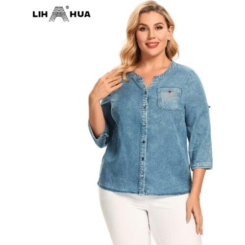 LIH HUA Womens Plus Size Denim Tops Shirt Spring Slim Fit Shirt Casual Shirt Woven Denim Three QuarterSleeve