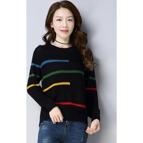 Women Sweaters Korean Female O Neck Long Sleeve Sweater Pullovers 2021 Autumn Winter Colour Stripe Loose Knitted Jumpers Casual