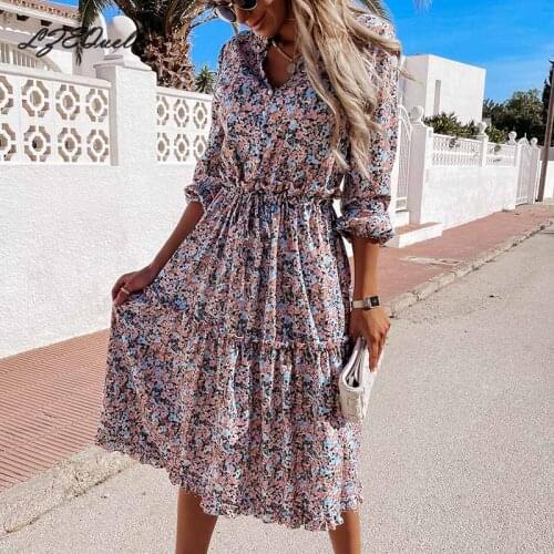 Summer Floral Print Boho Dress Women Long Sleeve V Neck Ruffles Pleated Dresses Party Holiday Sashes Dresses Vestidos NZ3603