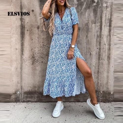 Summer Women Fashion Floral Printed Buttons V Neck Dress Short Sleeves Casual Elegant Slim Dresses Sexy Split Beach Female Dress
