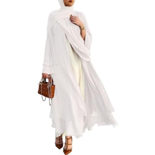066F Muslim Long Sleeve Flowy Maxi Cardigan Islamic Open Front Kimono Abaya Robe Turkey Kaftan Solid Color Belted Loose Dress