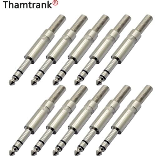 10pcs3 Poles 6.35mm Stereo Male Plug Wire Connector with Spring Tail Nickel Plated 3 Pin 1/4 Inch Plug Microphone Jack