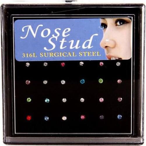 24Piece Free Display Box Silver 316L Stainless Steel 20G Circular Barbell Nostril Crystal Nose Ring Body Piercing Jewelry