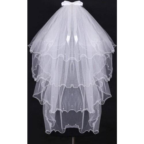 4 Tier Layered Womens Wedding Veil Imitation Pearl Handmade Beaded Ribbon Bowknot Decor Agaric Wavy Trim Bridal Veil With Comb