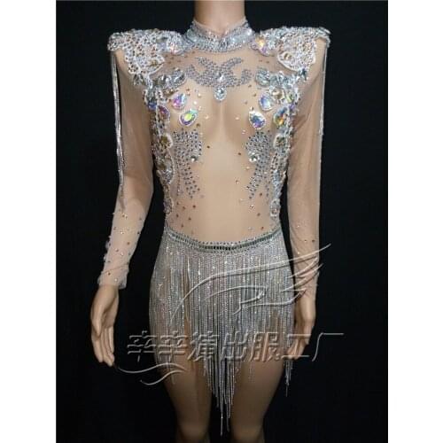 2020 Women New Singer Hosts Transparent Mesh High-end Shiny Rhinestone Bodysuit Shiny Tassel Epaulettes One Piece Costumes