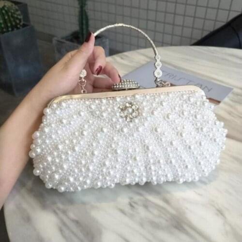 Elegant Diamonds Pearl Evening Bags lady White Shell Clutch Purse Luxury Wedding party Chain Shoulder bag Dinner Handbag FTB334