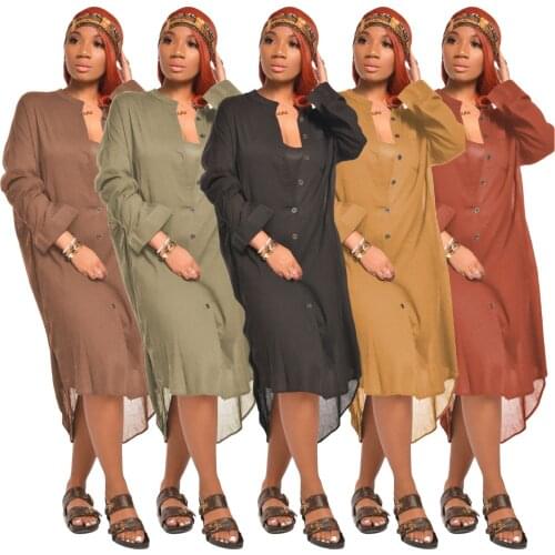 European and American fashion casual temperament commuting solid color long-sleeved irregular shirt mid-length skirt women