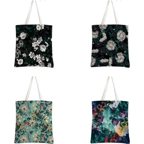 Black Flower Print Female Shopping Canvas Bag Tote Casual Large-capacity Women Bag Travel Shoulder Bags Eco Reusable Handbag