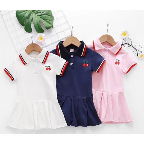 Summer Girl Dresses 2021 New Fashion Short Sleeve Pleated Dress Preppy Style Kids Clothing From 1 to 7 Years